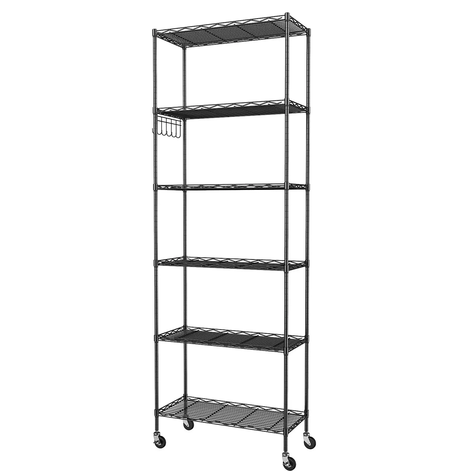 Homdox 6-Tier Storage Shelf Wire Shelving Unit Free Standing Rack Organization with Caster Wheels, Stainless Side Hooks, Black