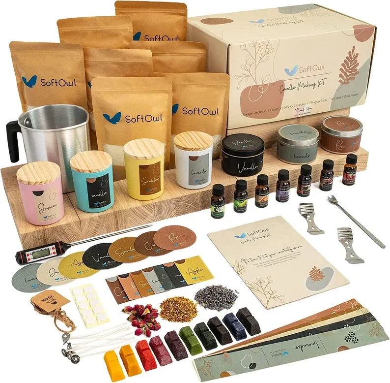 SoftOwl Premium Soy Candle Making Kit - Full Set - Soy Wax, Big 7oz Jars & Tins, 7 Pleasant Scents, Color Dyes & More - Perfect As Home Decorations