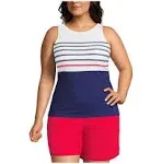 Lands' End Women's Chlorine Resistant High Neck UPF 50 Modest Tankini Swimsuit Top - 2 - Navy/White Founders Stripe