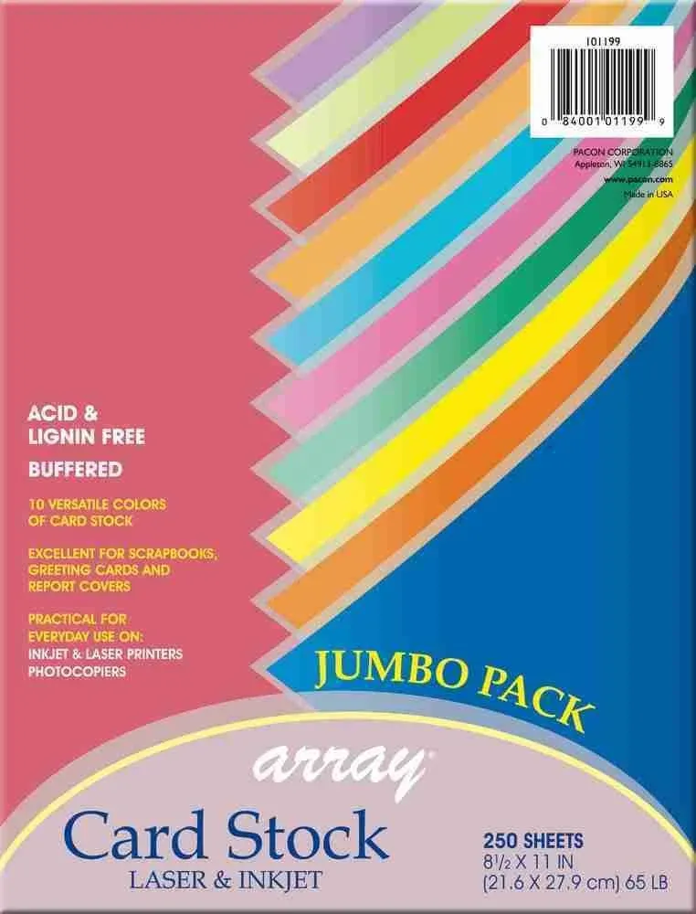 Card Stock, Colorful Jumbo Assortment, 10 Colors, 8-1/2&#034; x 11&#034;, 250 Sheets