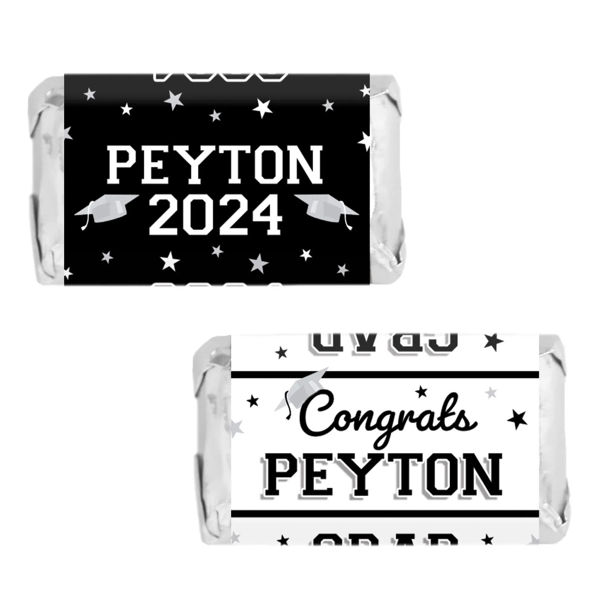 Distinctivs Personalized Black and White Graduation Mini Candy Bar Wrappers, Class of 2024 Party Favor Stickers for Mini Chocolate Bars - 45 Count