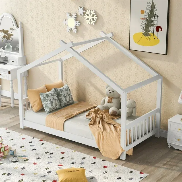 House Platform Bed with Roof, Solid Wood Twin Size Low Platform Bed Frame with Headboard and Footboard, Multifunctional Twin Playhouse Floor Bed Tent Bed for Boys Girls, No Box Spring Needed, White