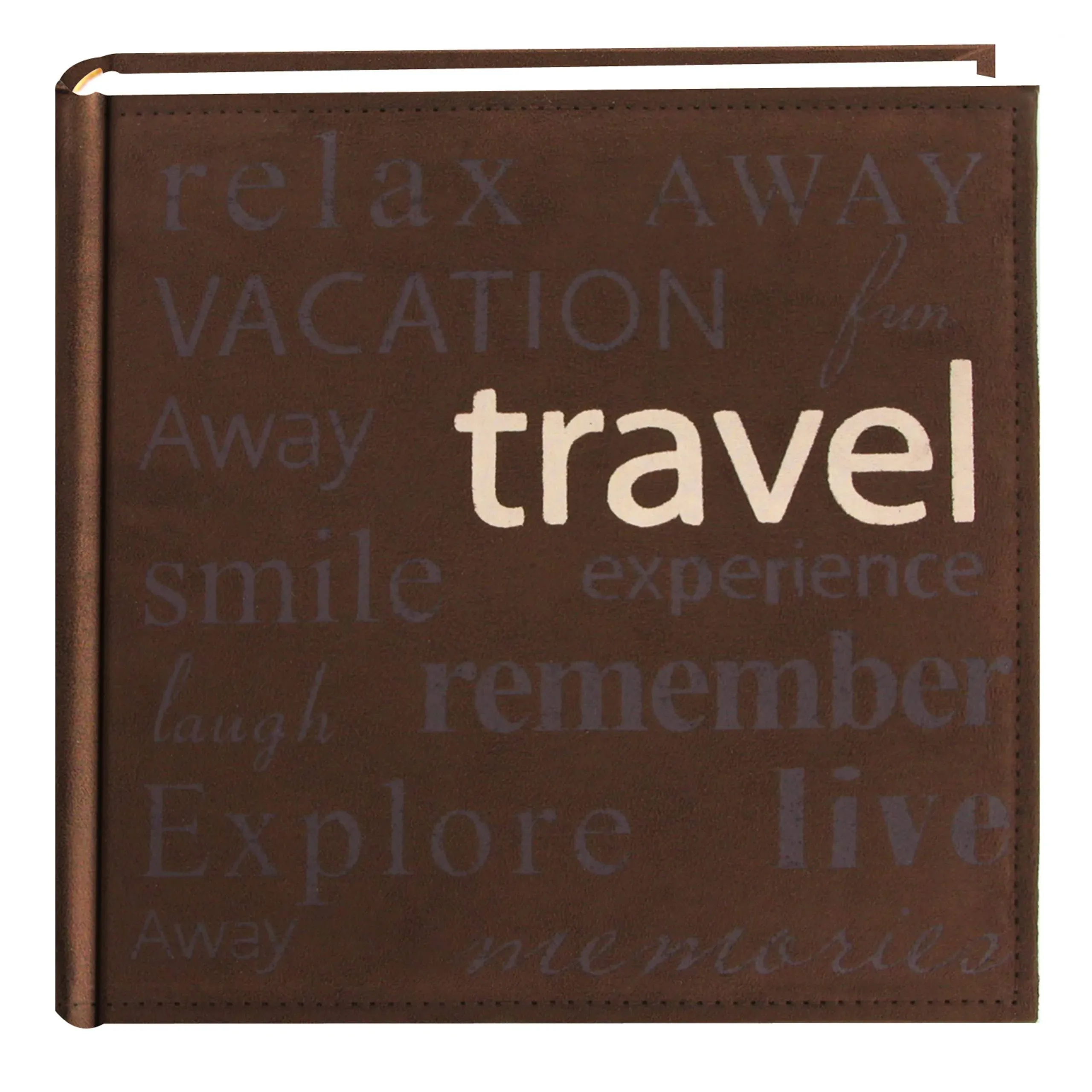 Pioneer &#034;Travel&#034; Text Design Sewn Faux Suede Cover Photo Album, Brown