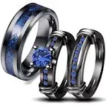 Ringheart 3 Matching Rings His and Her Rings Couple Rings CZ Women Wedding Ring Black and Blue Ring, Women's, Size: Women'Small 6 & Men's 9