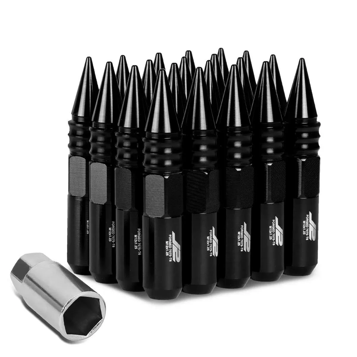 J2 Engineering 20Pcs M12 x 1.25 7075-T6 Aluminum 107mm Spiked End Lug Nut w/Socket Adapter (Black)