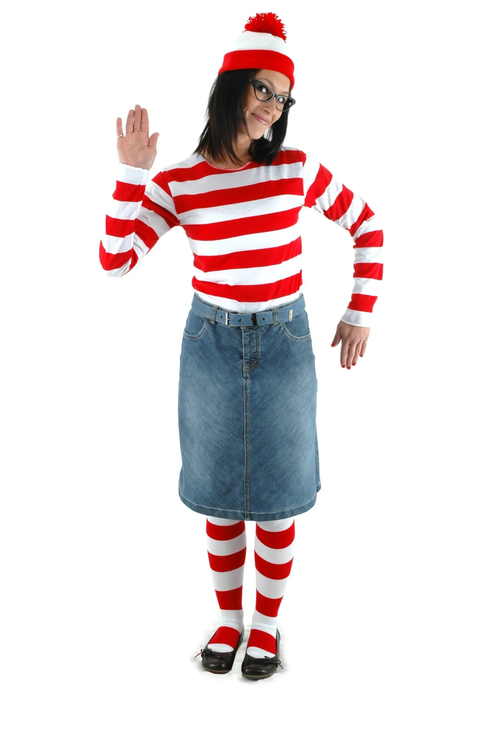 Wenda Where&#039;s Waldo Striped Shirt Hat Glasses Dress Up Halloween Adult Costume