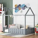 Toddler Floor Bed Twin Size Wood Bed House Bed Frame with Fence, Simple Design Wood Bedroom Montessori Bedframe for Toddlers Kids, Teens, Girls,