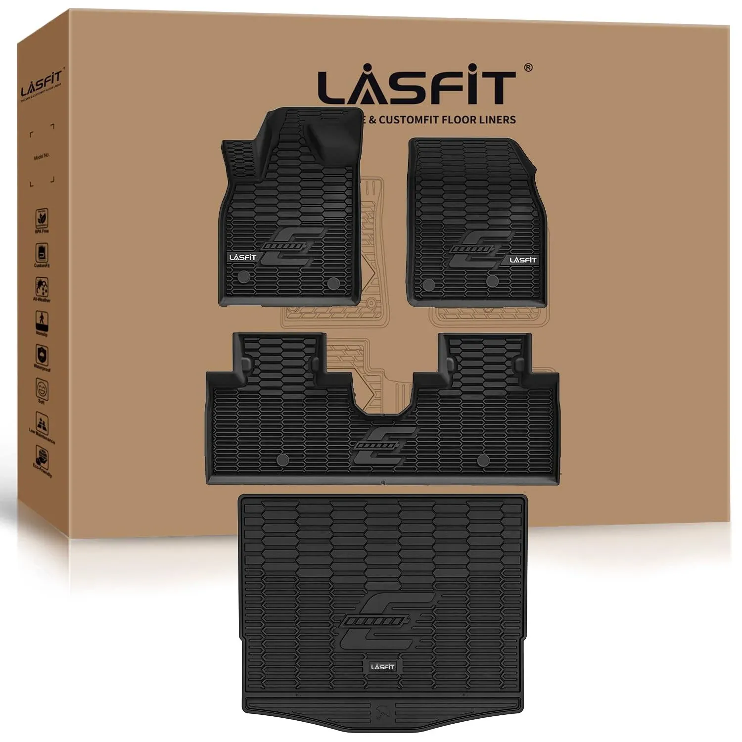 LASFIT Floor Mats and Trunk Mat for Ford Mustang Mach-E 2024 2023 2022 2021 (Cargo Floor in Top Position) All Weather TPE Car Liners, 1st & 2nd Row & Cargo Liner