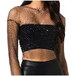 Fstrend Mesh Body Chains Crystal Long Sleeve Fishnet Crop Tops Rhinestone See Through Cover up Bikini for Women