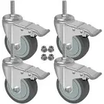 MySit 5 inch Locking Swivel Casters 1/2 inch-13 x 1.5 inch Threaded Stem Wheels with Brake Grey TPR Rubber Wheel Set of 4