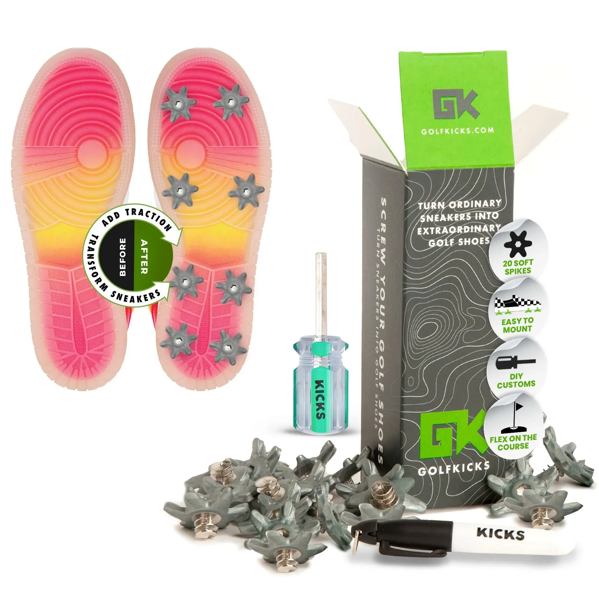 Golfkicks Golf Traction Kit for Sneakers with DIY Golf Spikes - Add Golf Cleats