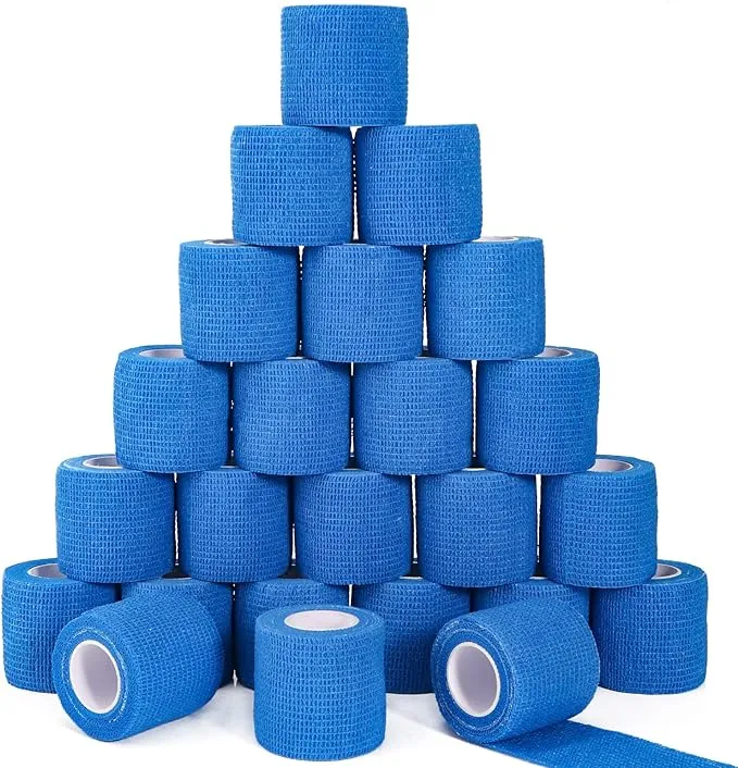 24 Pack Self Adhesive Cohesive Bandage Wrap, 2” x 5 Yards Blue Athletic Tape Pre Wrap Elastic Medical Tape Non Woven Bandage Rolls Vet Wrap for First Aid Medical, Sports, Knee, Ankle, Wrist Sprains