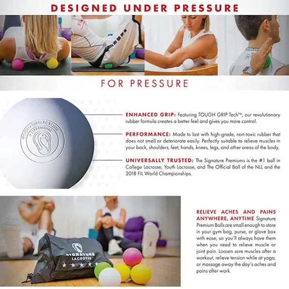 Signature Lacrosse Ball Set - No Chemical Smell - Massage Balls, Dog Toy, Myofascial Release Tools, Back Roller, Muscle Knot Rem