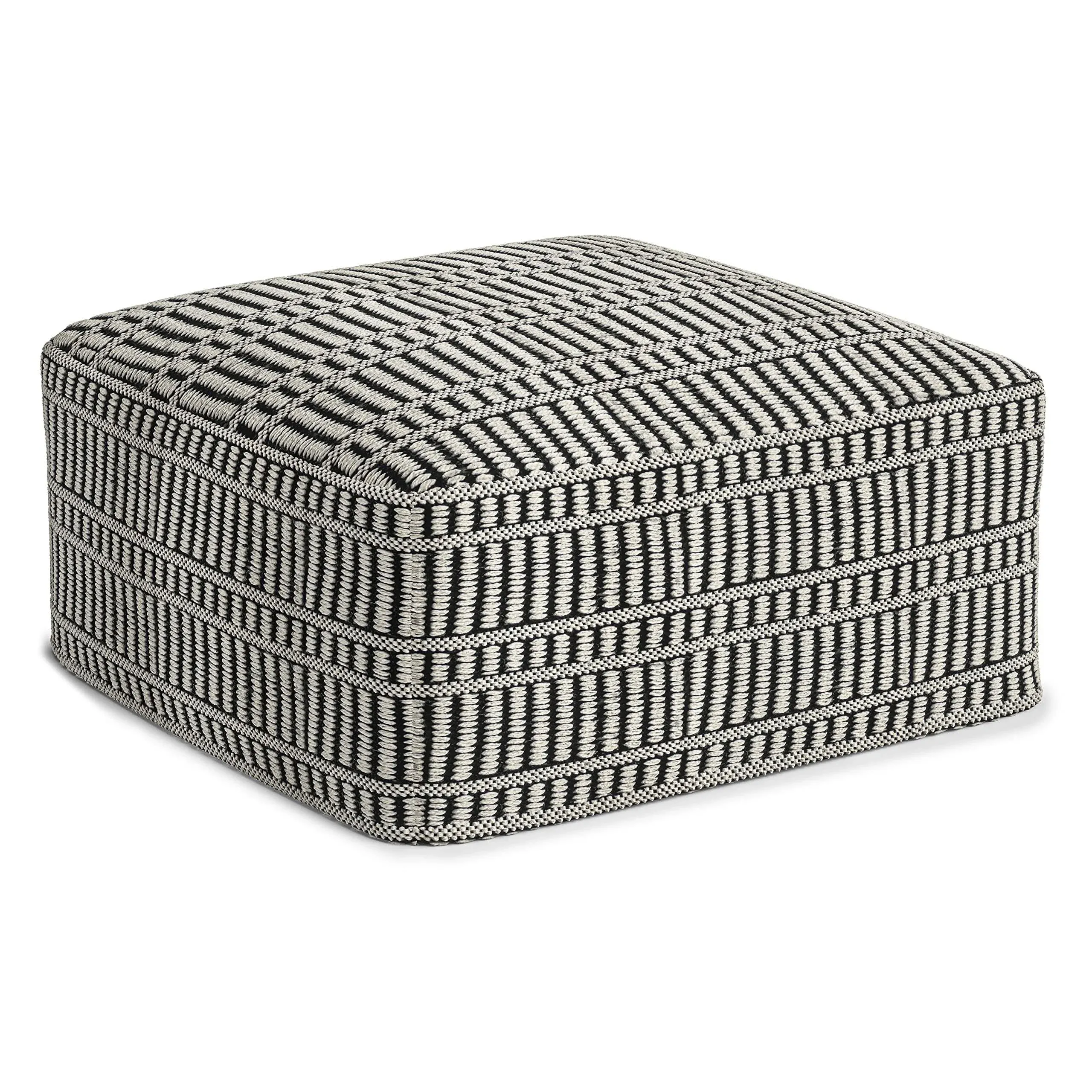 Simpli Home Safford Boho Square Woven Pouf in Black and White