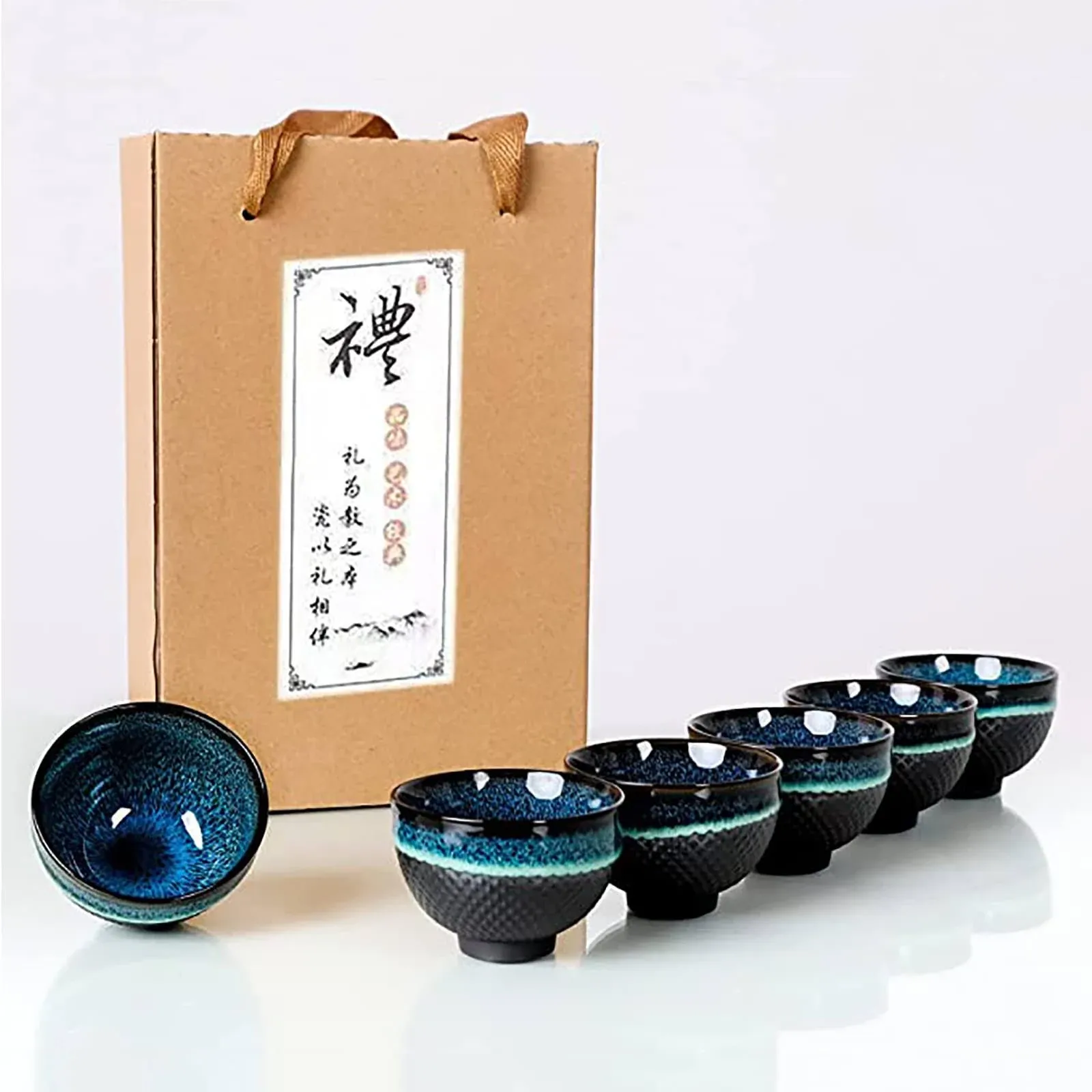 Chinese Ceramic Kung Fu Tea Set of 6, Japanese Tea Cup, Sake Cup, Ceramic Tea Cup, Ceramic Tea Set (blue)