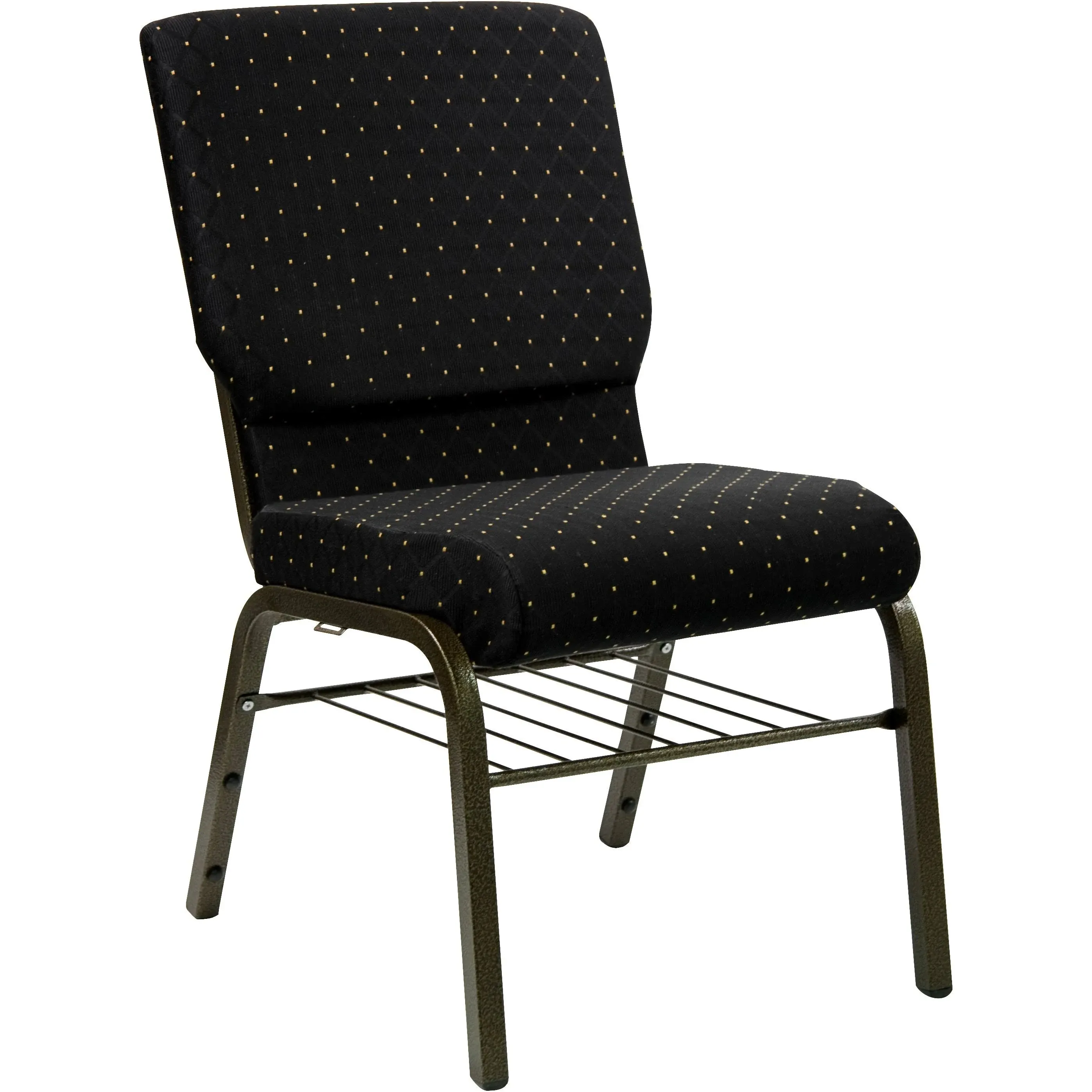 Hercules Series 18.5''W Church Chair with Book Rack Black Dot Patterned Fabric/Gold Vein Frame