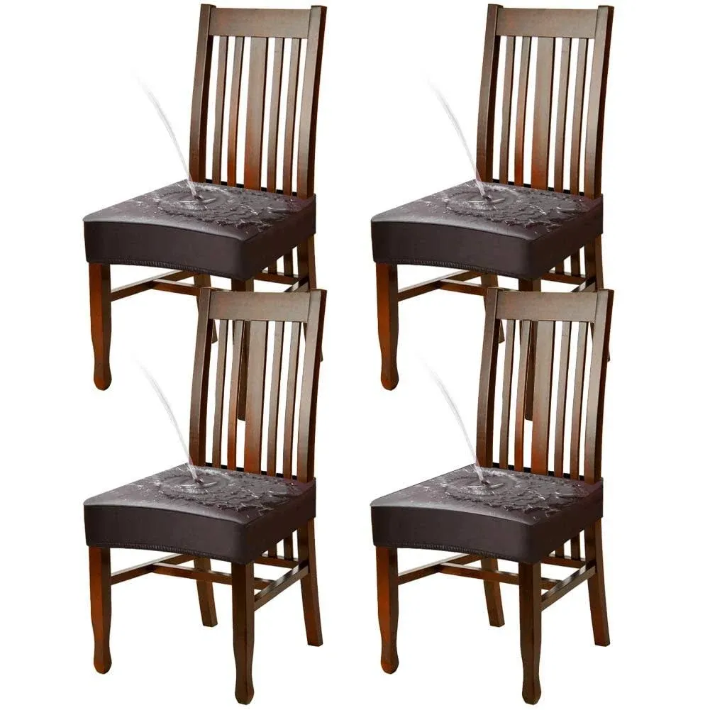 Dining Chair Covers, Solid Pu Leather Waterproof and Oilproof Stretch Dining Chair Protector Cover Slipcover (Coffee, 4 Pack)