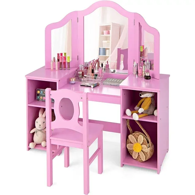 INFANS Kids Vanity, 2 in 1 Princess Makeup Desk & Chair Set, Wooden Dressing Table, Pretend Play Vanity Set for Girls