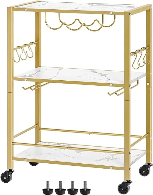 Bar Cart Gold, 3-Tier Serving Cart, Kitchen Cart with Wine Rack and Cup Holders, Beverage Cart, Mobile Microwave Cart with 6 Hooks, for Kitchen, Living Room, White and Gold BC02DW