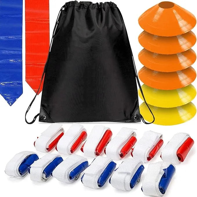 WYZworks - 12 Player Adjustable Football Flag Kit Set with D-Ring Closure –36 pieces (18 Red and 18 Blue Flags) + 6 Cones + Travel Bag - Kids and Adults Outdoor Sports Training Equipment