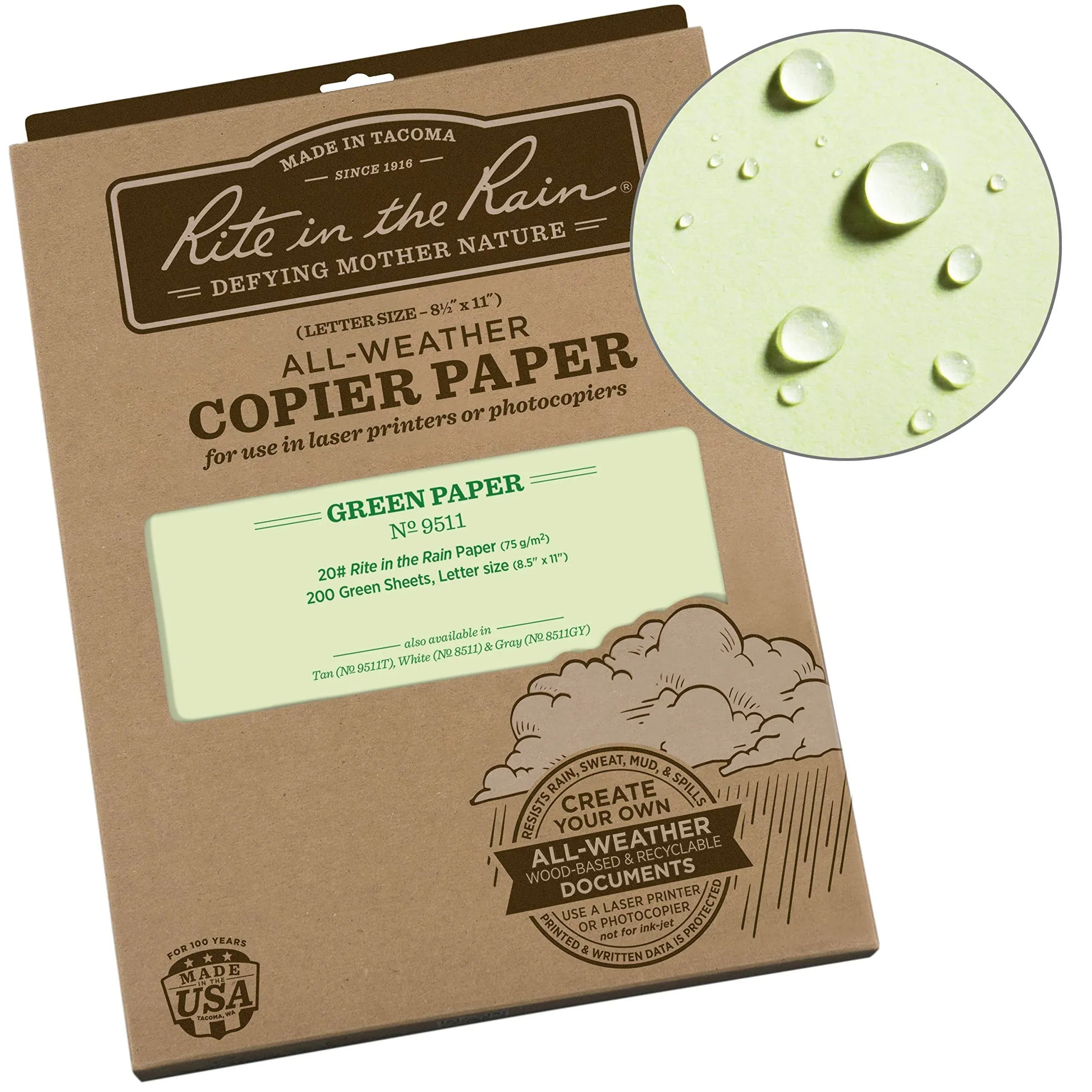 Rite In The Rain Weatherproof Copier Paper, 8.5" x 11", 20# Green, 200 Sheet Pack (No. 9511)