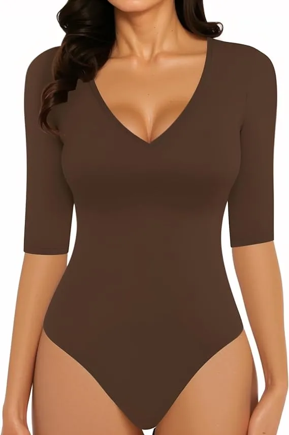 MANGOPOP Half Sleeve Bodysuit V Neck Bodysuit Shirts for Women