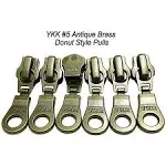 YKK Zipper Repair Kit Solution 5 Zipper Heads - Sliders with Pulls #5 Brand Donut Style Pulls - 5pcs with Top and Bottom Stoppers (Antique Brass)