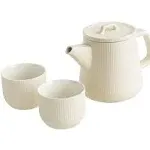 Teapot Set with Removable Infuser, Kissui Vertical Stripes Ceramic Brewing Tea Set, Big Capacity, Matte Crème