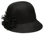 Women's Gatsby Linen Cloche Hat with Lace Band and Flower Black