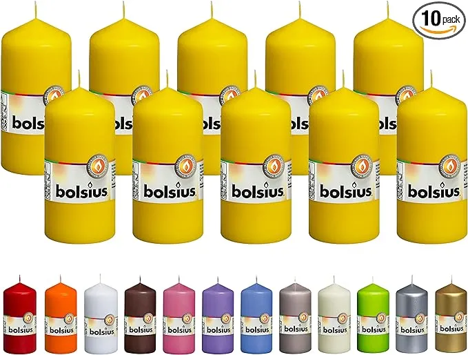 BOLSIUS 10 Yellow Pillar Candles - 2.25 x 4.75 Inches - Premium European Quality - Individually Wrapped - 33 Hours Burn Time - Dripless Smokeless Unscented Dinner, Wedding, Party, & Restaurant Candles