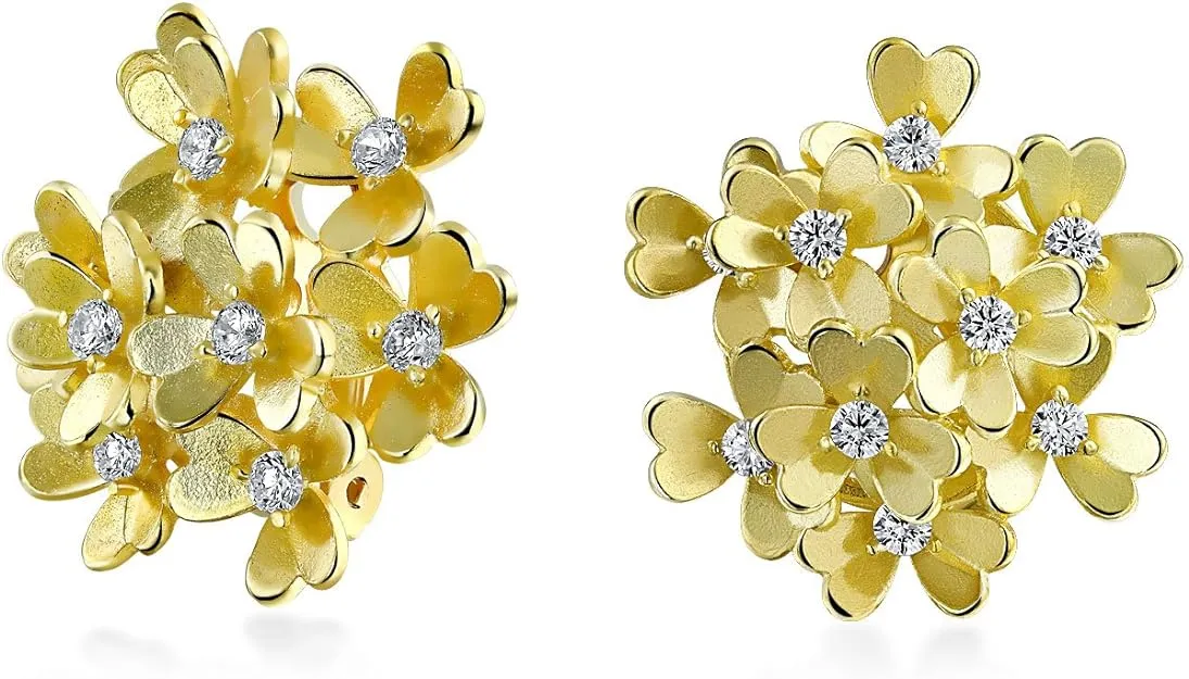 CZ Floral Cubic Zirconia Bouquet Of Flower Clip On Earrings For Women Non Pierced Ears Silver Rose Or Gold Plated Set