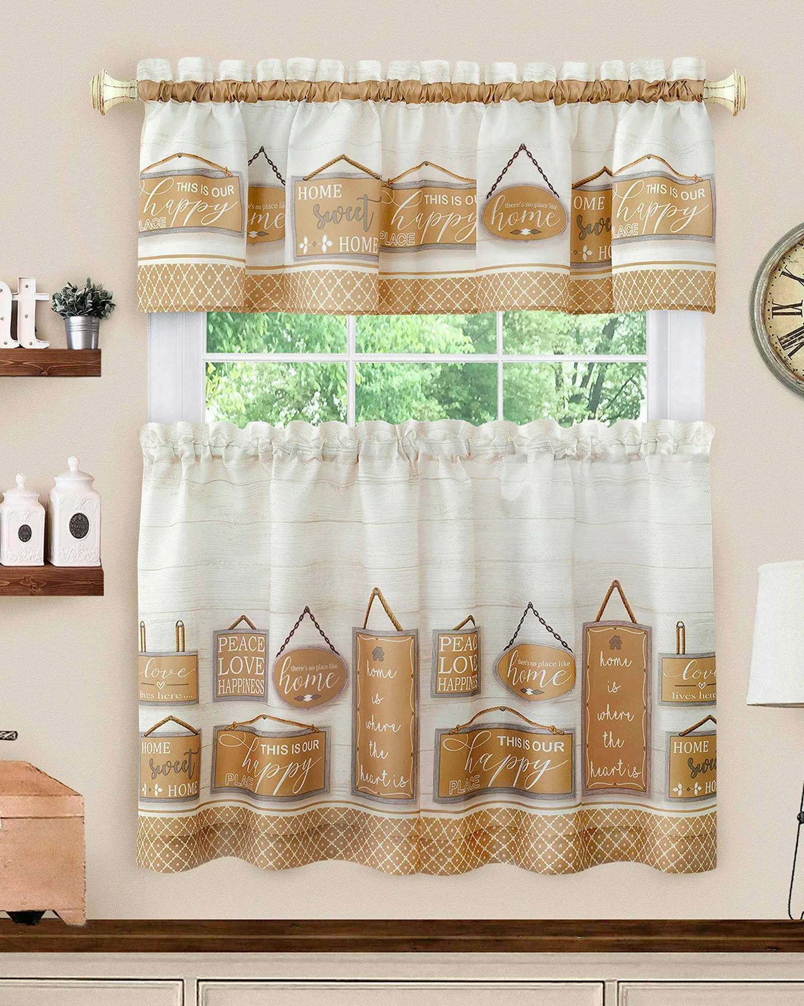 Modern Farmhouse Tier and Valance Window Curtain Set - 58x36 - Tan