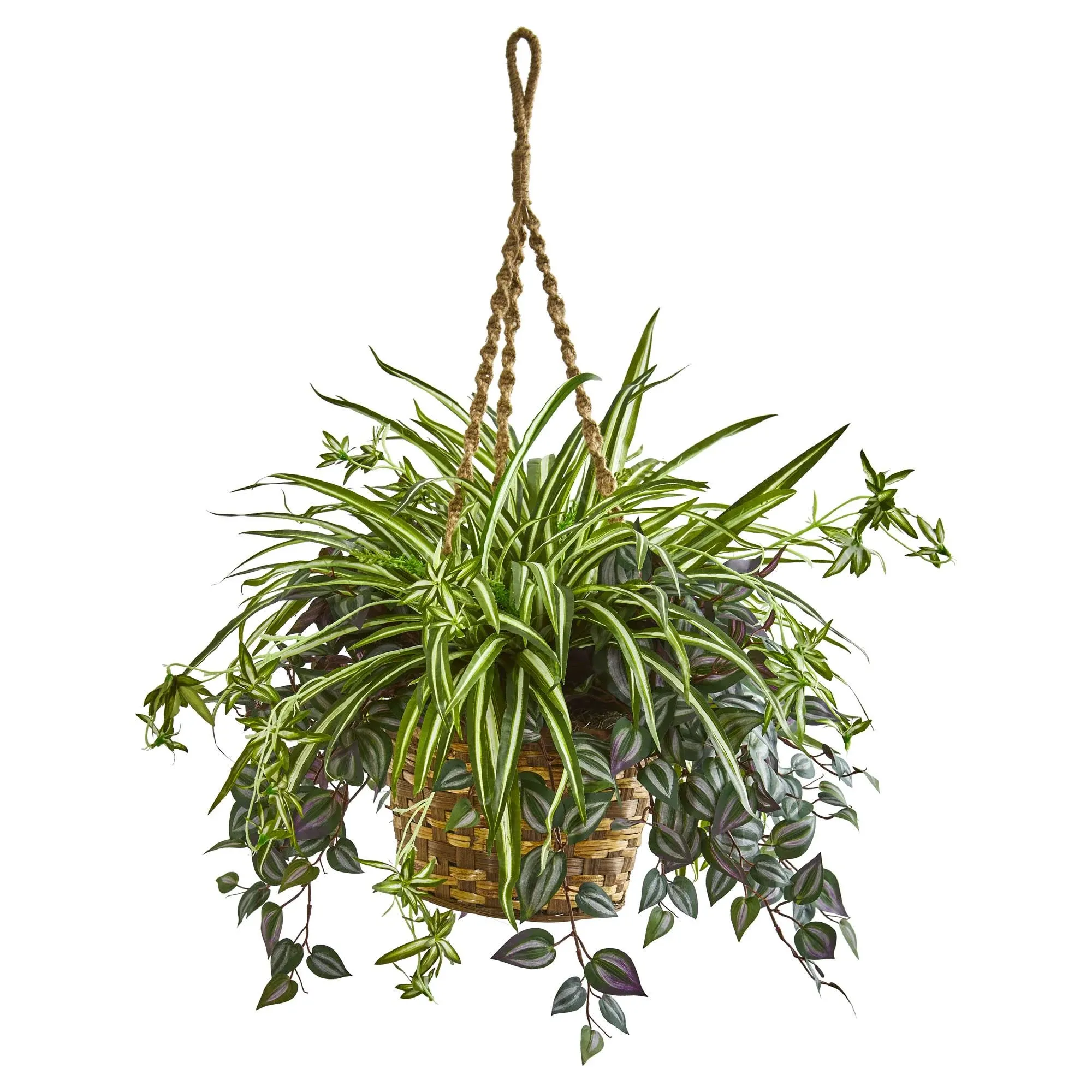 Nearly Natural 30" Wandering Jew & Spider Artificial Plant in Hanging Basket