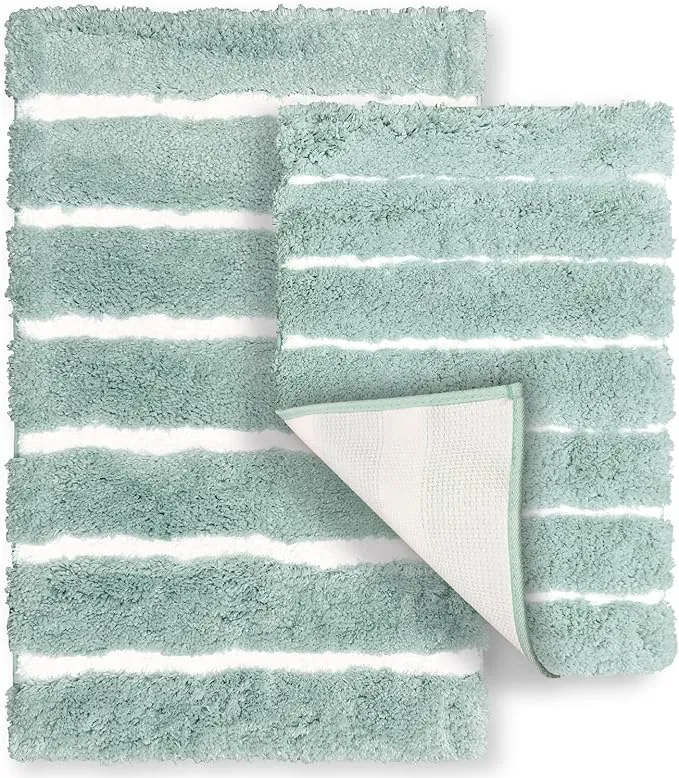 Homewear 2 Piece Luxury Stripe Bath Rug Set, Extra Soft Plush Fluffy & Water Absorbent, Bathroom Mats, Non Slip Rubber Backing, Machine Washable, 20