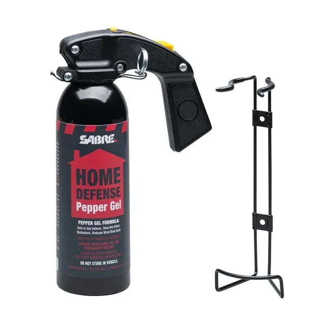 SABRE Red Home Defense Pepper Gel With Wall Mount For Easy Access, Max Strength OC Spray, UV Marking Dye Helps Identify Suspects, Full Hand Grip For More Accurate Aim, Secure Pin Safety, 32 Bursts