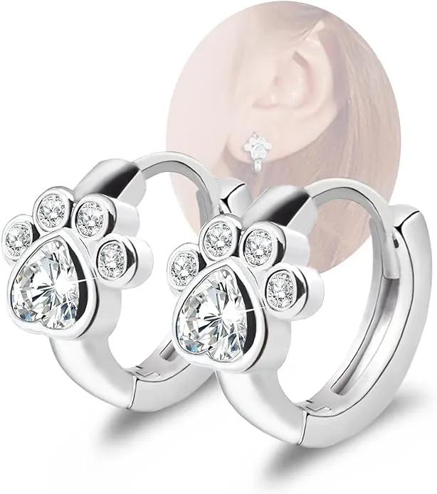 Cubic Zirconia Small Hoop Earrings - CZ Cat Dog Paw Print Hoop Huggies Earrings Sterling Silver Hypoallergenic Cute Cartilage Earrings for Women