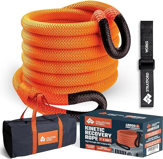 Stratford Works 1" x 30 Feet Kinetic Recovery Rope – 48,000 lbs Capacity Tow Rope with Mesh Storage Bag - Off-Road Snatch and Strap Kinetic Rope