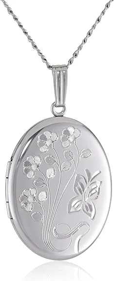 Collection Sterling Silver Engraved Flowers Oval Locket 20"