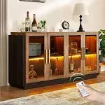 Luxoak Sideboard Buffet Cabinet with Storage, Modern Wood Glass-Buffet Cabinet with LED Light Brown