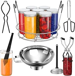 Canning Supplies Starter Kit, 7 Piece Canning Tools Set with Stainless Steel Rack, Wide Mouth Funnel, Kitchen Tongs, Jar Lifter, Magnetic Lid Lifter, jar Wrench, Bubble Popper