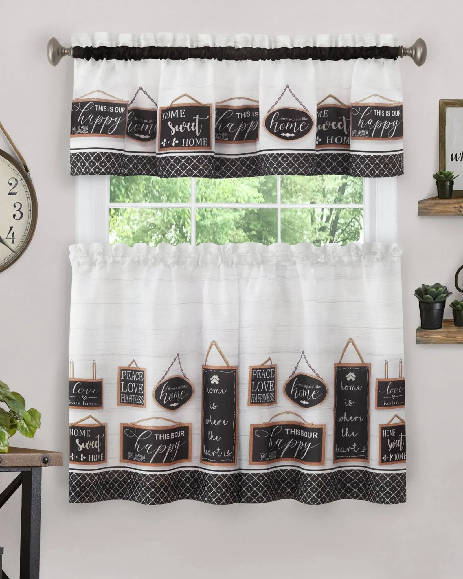 Modern Farmhouse Window Curtain Set, Black, Valabce 58x13 Inches, Tiers 58x36 Inches