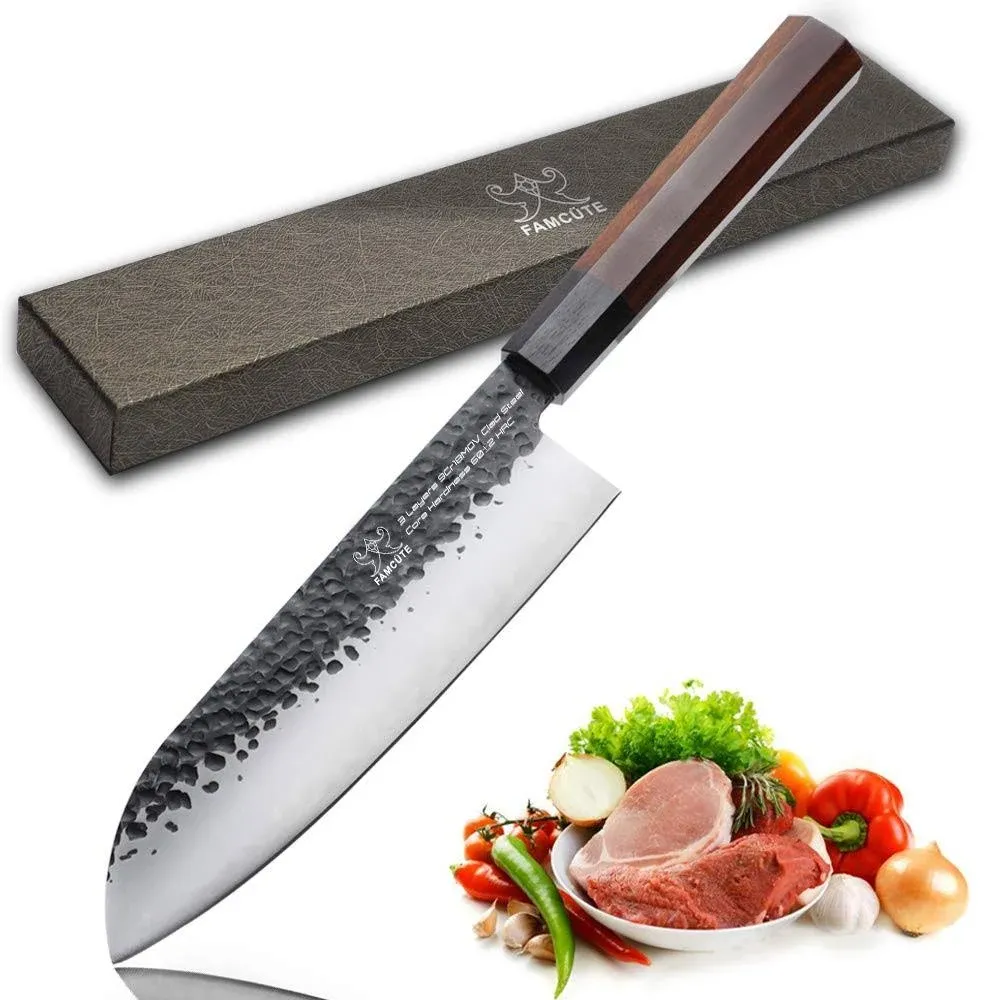 Santoku Knife 7 inch, Hand Forged 5 Layers 9CR18MOV High Carbon Steel Professional Kitchen Knife -Ultra Sharp Rosewood Handle Japanese Sushi Knife for Men and Women.