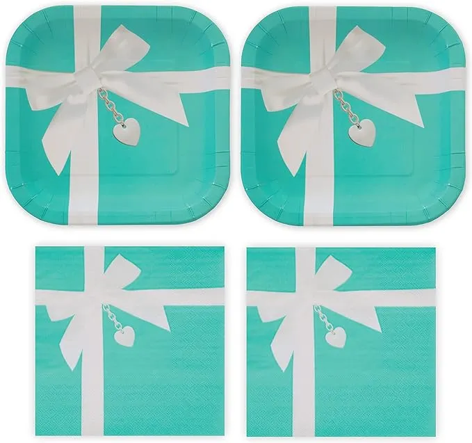 Iconic Turquoise & Sweetheart Locket Tableware for 16 Guests! This Picturesque set includes 16 ea. Large Plates & Luncheon Napkins. by Havercamp