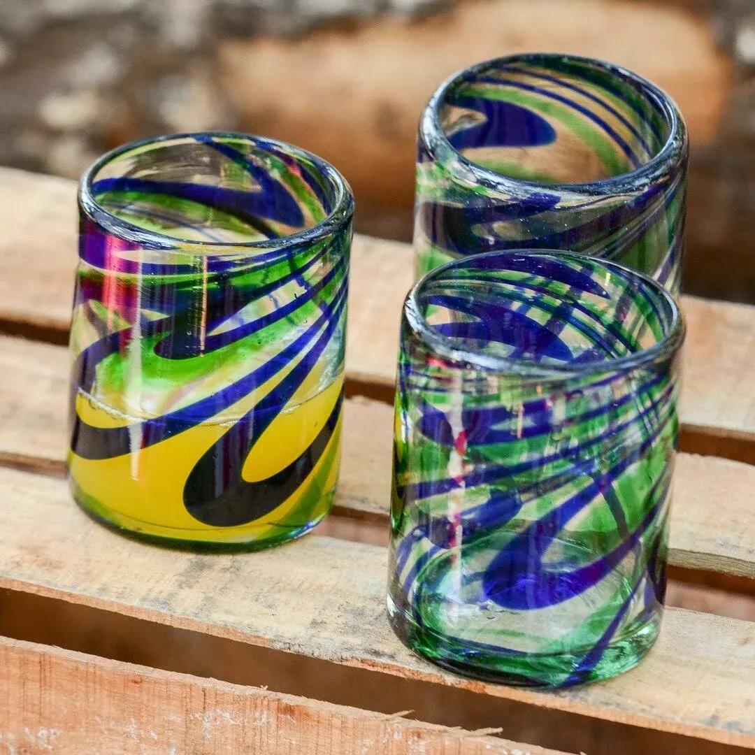 NOVICA Artisan Handblown Recycled Tumbler Drinkware | Rocks Glass Handmade Mexico Drinkware Tumbler | Handcrafted Blown Glass Rocks Blue Green Swirls | Eco-Friendly Drinking Glasses | 10 oz | 'Elegant