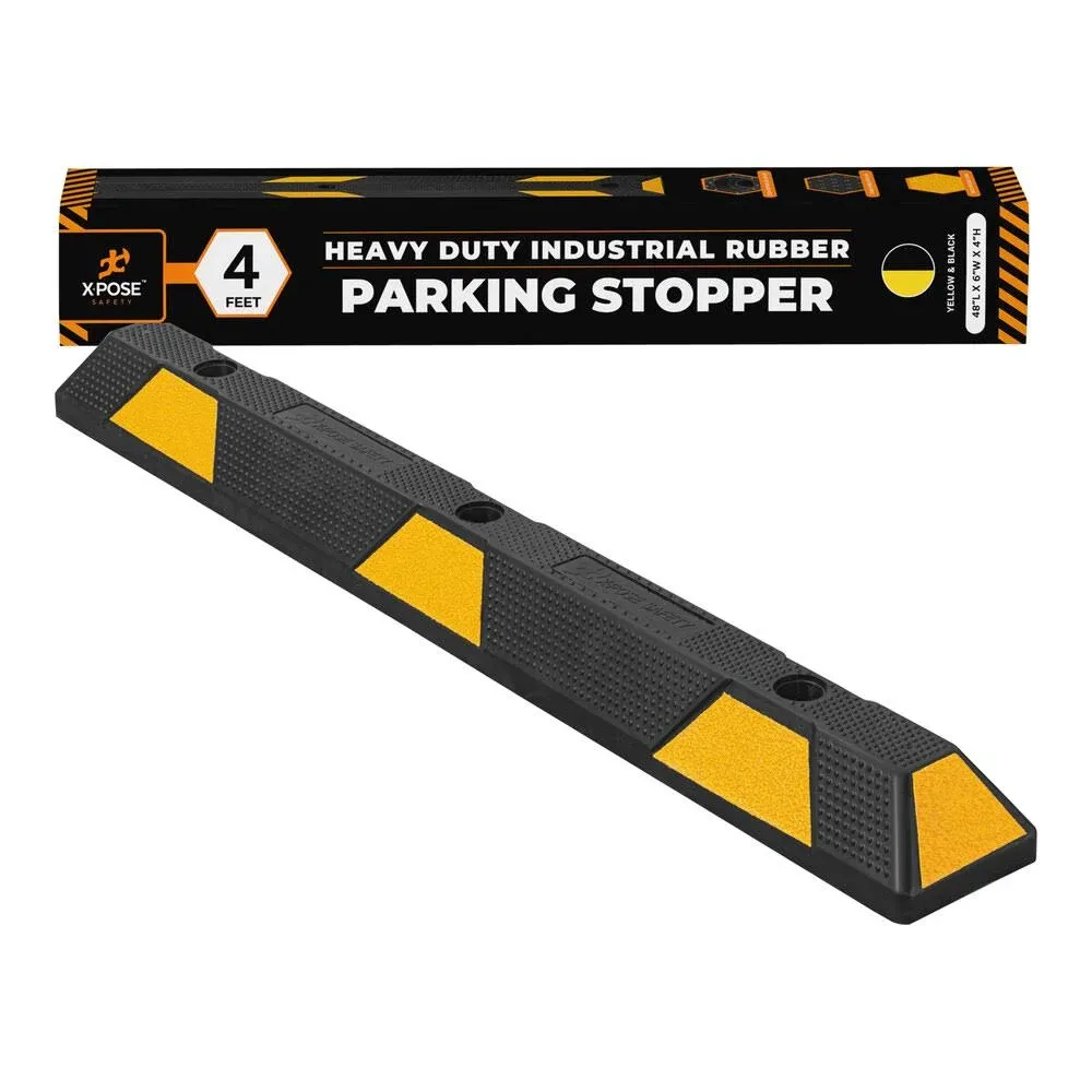 Xpose Safety Parking Stopper for Garage - 48" Heavy Duty Rubber Car, Bumper Stop for Floor, Yellow Reflective Strips, Removable Driveway, Ramp Wheel Block for Cars