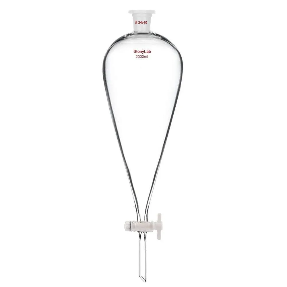 StonyLab Borosilicate Glass 2000 ml Heavy Wall Conical Separatory Funnel with 24/40 Joints and PTFE Stopcock, 2 L (2 Liter)