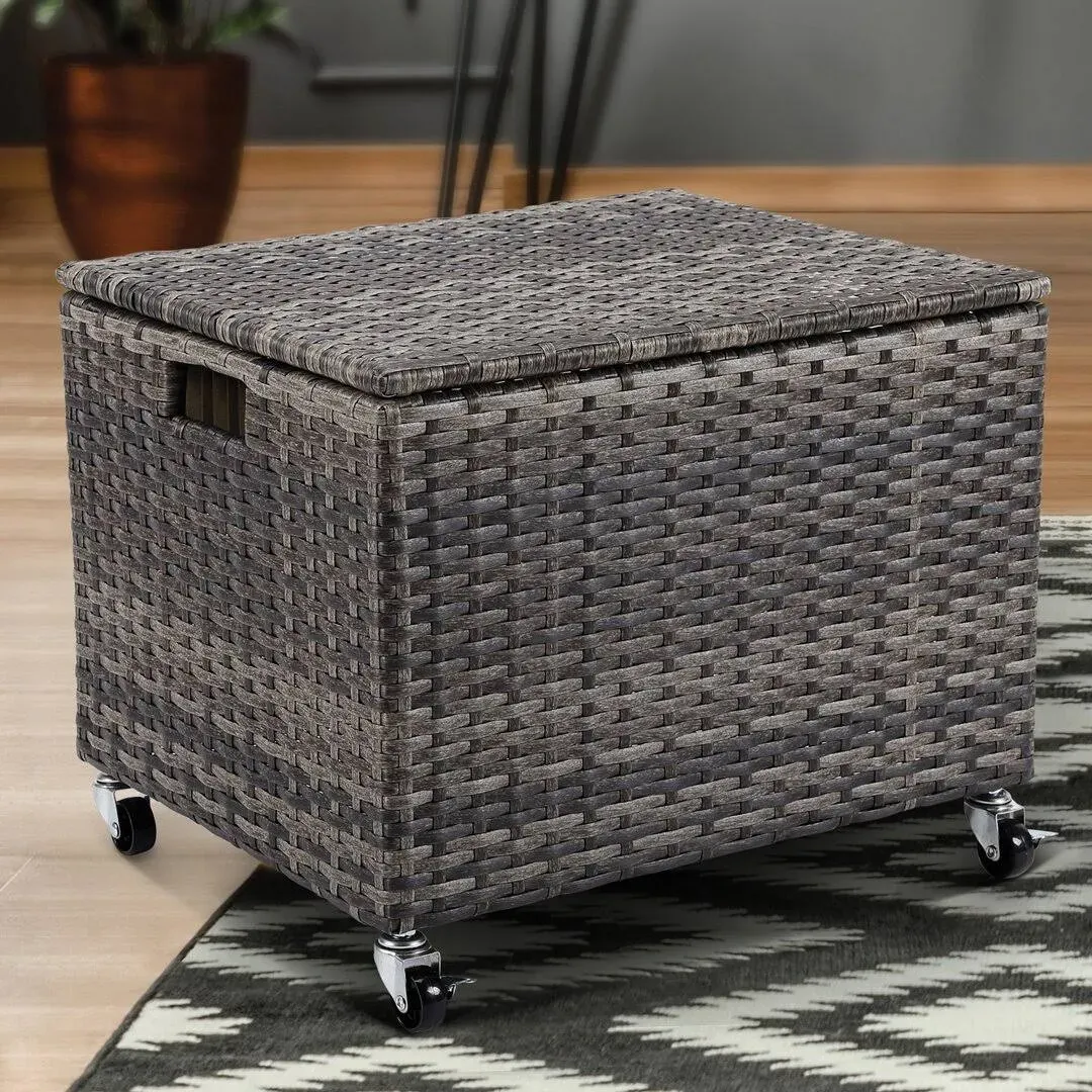 Birdrock Home Rolling File Box - Storage Cabinet with Wheels - File Organizers Boxes - Synthetic Rattan Wicker Office Decor - Home Office (Grey)