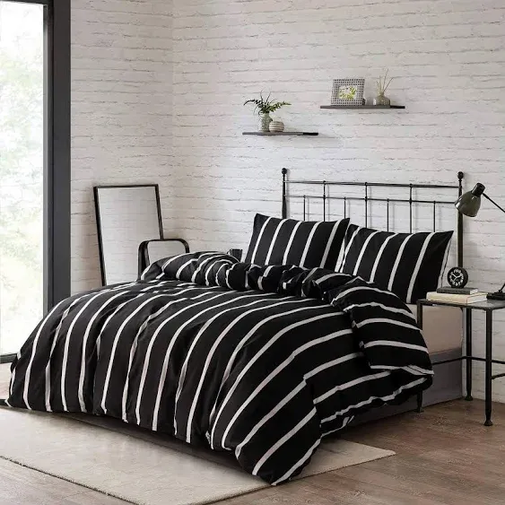 Black and White Striped Comforter Set Microfiber King Duvet Cover Set 104&#034;X 90&#034; 