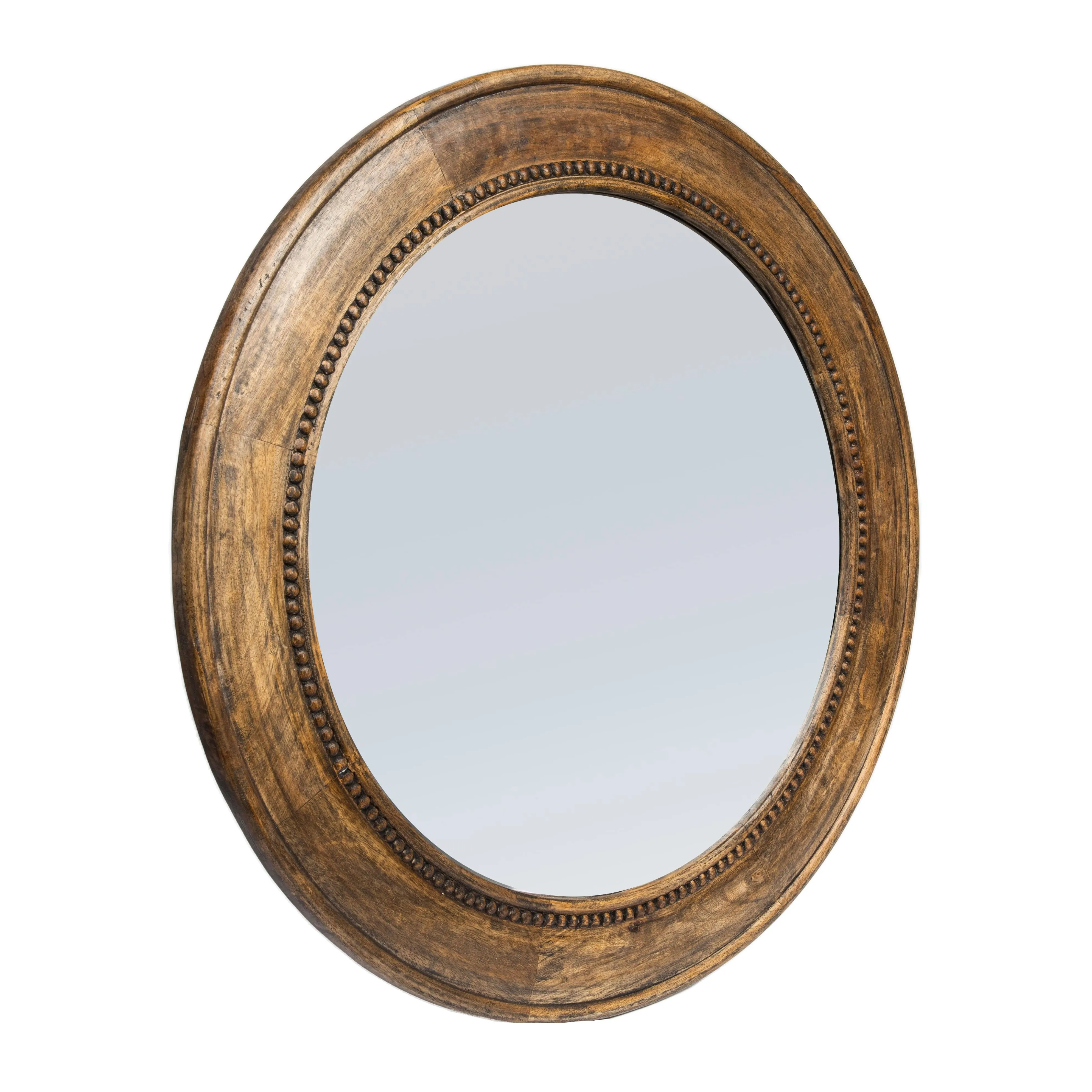 Walnut Round Carved Wood Framed Wall Mirror