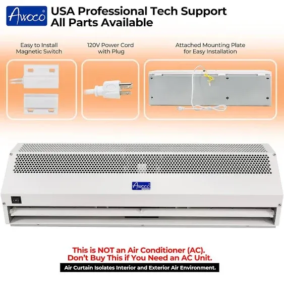 Awoco 48" Super Power 2 Speeds 1650CFM Commercial Indoor Air Curtain, UL Certified, 120V Unheated - Free Door Switch